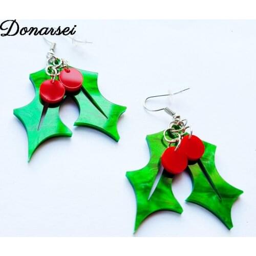 Donarsei Cute Christmas Bell Drop Earrings For Women Xmas Cartoon Green Leaves Red Berry Acrylic Dangle Earrings Party