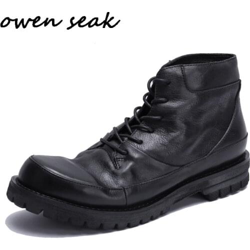Owen Seak Men Work Safey Boots Casual Shoes Genuine Leather Men Ankle Boots Luxury Trainers Lace-up Flats Black Shoes