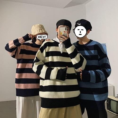 Mens 2021 Winter New Couple Sweater Casual Oversize Woman Pullovers Streetwear Striped Man Korean Fashion Sweaters