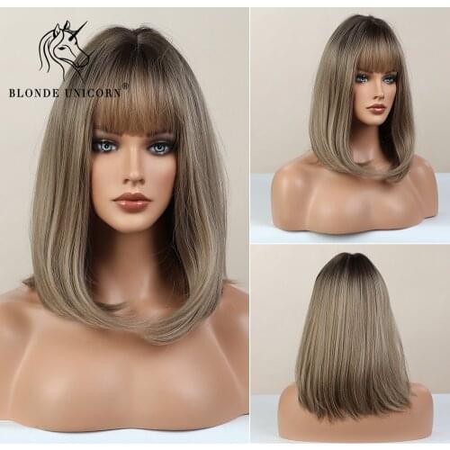 BLONDE UNICORN Straight Synthetic Short Bob Wig Brwon Grey with Bangs Lolita Party Daily Hair Wigs For Women Heat Resistant