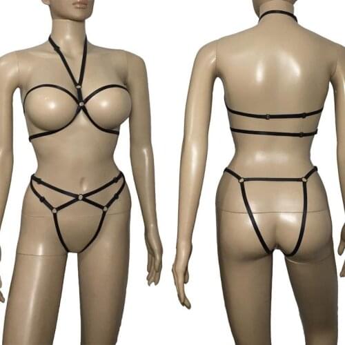 Sexy Women Breast Harness Strap Bra Open Crotch Brief Bikini Lingerie Set Open Body Straps Belt Fetish Wear