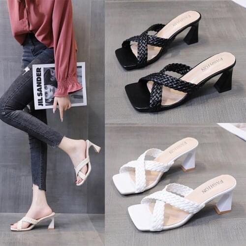 Woven Sandals and Slippers Womens High Heels Summer 2021 7.5cm Thick-heeled Womens Pumps Shoes Party Casual Females Slippers