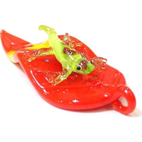 Hanging Murano Glass Leaf Art Pendant With Creative Mini Cute Lizard Figurine Craft Ornament Home Fairy Garden Decor Accessories
