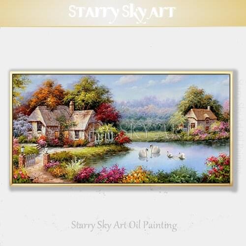 Luxury Wall Decor Artist Hand-painted High Quality Europe Landscape Swans in Lake Oil Painting Colorful Landscape Oil Painting