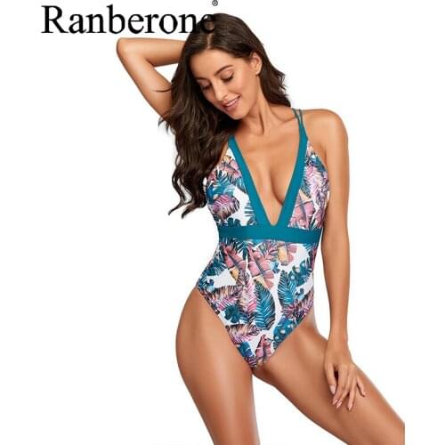 Ranberone 2021 Sexy One Piece Swimsuit Women Swimwear Push Up Monokini Print Bathing Suit Floral Bodysuit Beach Wear Female