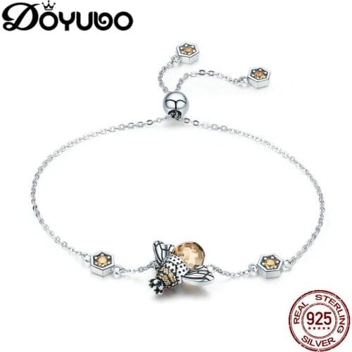 DOYUBO Free Shipping Little Bee Silver Bangles For Women Lovely Design Lady Animal Sterling Silver Adjustable Bracelets AE019
