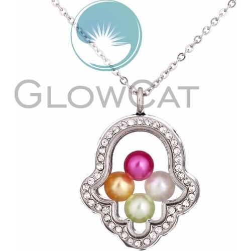 Rhinestone Hamsa Hand Pendant Necklace Glass Locket Pearl Cage Pendant 50cm Steel Chain Necklace