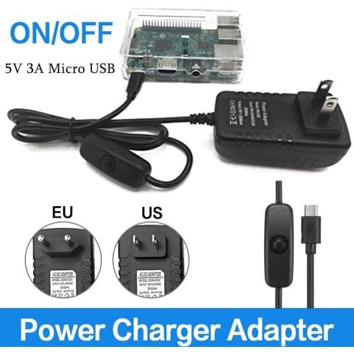 AC 100V-240V 5V 3A Power Supply Charger With ON/OFF Switch Button Adapter For Raspberry Pi 3 Charging Data Cable Micro USB Port