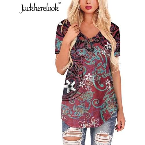 Jackherelook Short Sleeve Blouse Shirt Women Casual V Neck Tops Polynesian Tribal Hibiscus Plumeria Design Female Shirts Blusa
