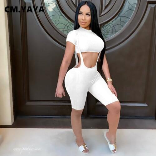 CM.YAYA Women Set Solid Short Sleeve Crop Tops Sheath Elastic Short Overalls Two Piece Sets Casual Tracksuit Summer Outfits 2021