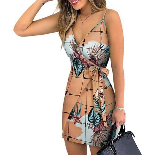 80%HOT Summer Dress Floral Leaves Print Skinny Female Spaghetti Strap Bohemian Beachwear for Beach