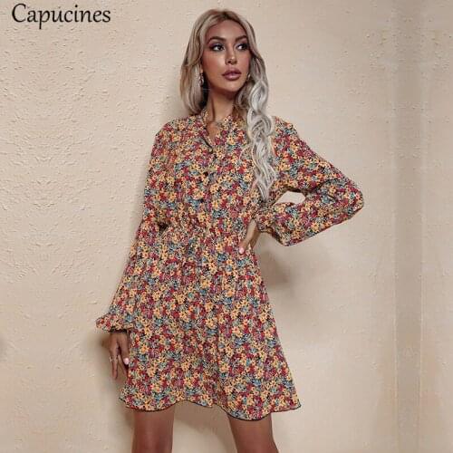 Capucines Floral Printed V Neck Dress Autumn Fashion Long Lantern Sleeves Lace Up Slim A Line Mini Dresses For Women 2021 Robe
