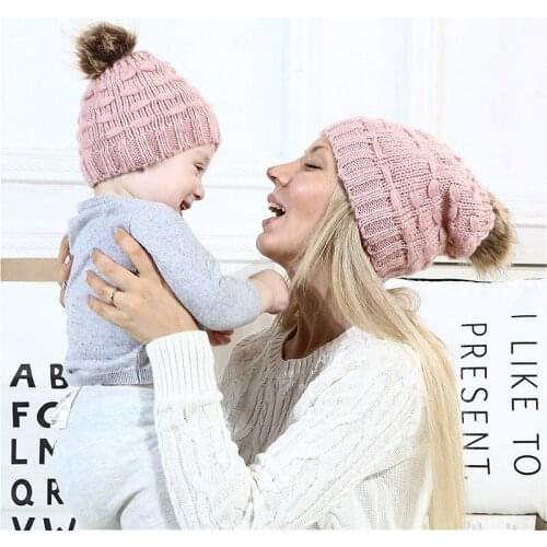 1/2pcs Winter Parent-child Hats Mom Dad Women Man Toddle Kids Baby Boy Girl Winter Knit Warm Soft Beanie Hat Hairball Cap