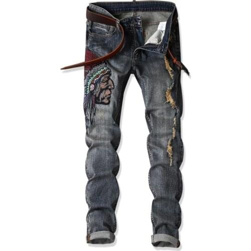 2019 Fashion Mens Embroidery Jeans Vintage Ripped Hole Straight fit Denim Pants for Male