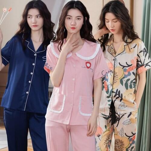 2020 Spring Summer Short Sleeve Long Pants Silk Satin Pajama Sets for Women Sleepwear Suit Pyjamas Homewear Pijama Mujer Clothes