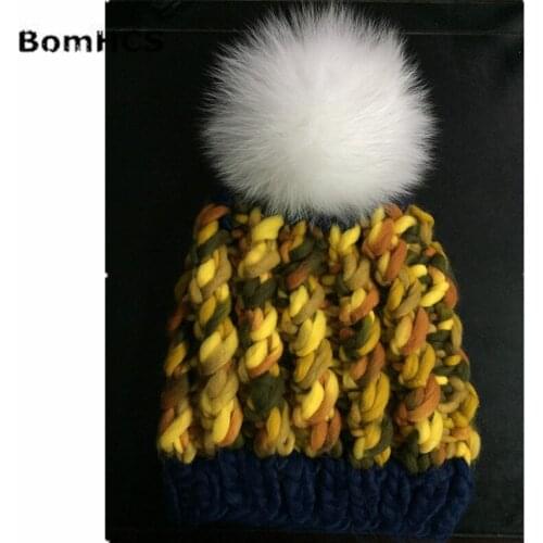 BomHCS Luxurious Big Fox Fur Pompom Belly Yarn Beanie Warm Caps 100% HANDMADE Womens Winter Knitted Hat