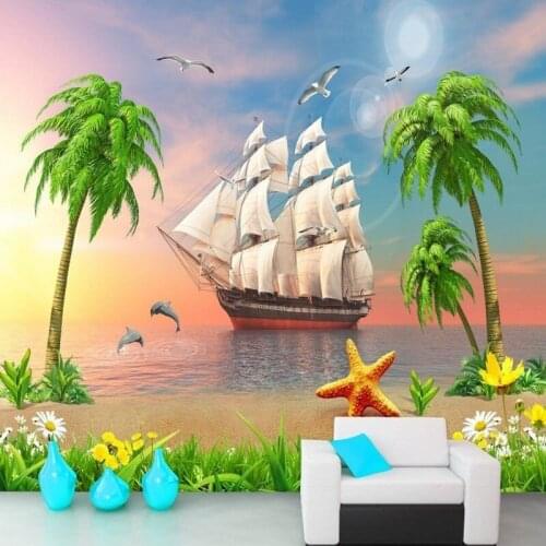 Dropshipping Colomac Wallpaper Wall Sunset View Sailing Sailboat Seascape Coconut Tree Mural Wallpaper Wall Paper 3d Behang
