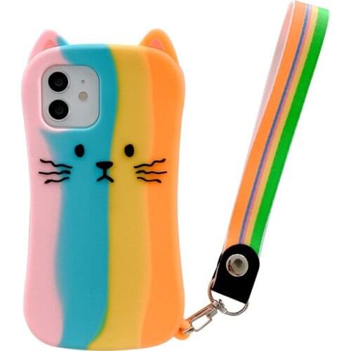 Easterm 3D 12Pro Cat Cute Silicone Rainbow Phone Case With Wrist Band Cover For 12 Promax 12 11Pro 11 Promax XSMAX 11 XS XR 8P 7