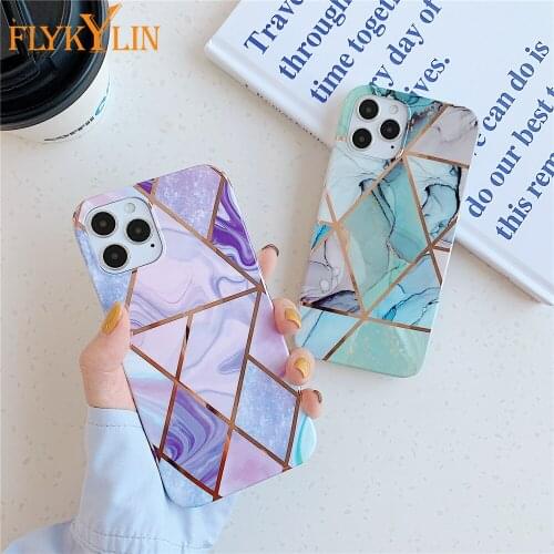 FLYKYLIN Luxury Plating Marble Cases on For iPhone 11 12 Pro X XS Max XR 6 6S 7 8 Plus Shockproof Soft Silicone Phone Back Cover