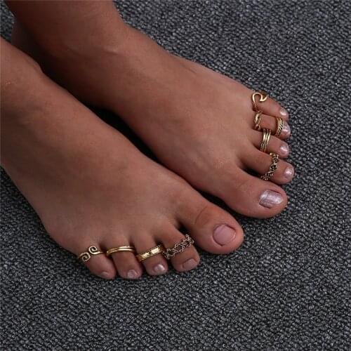 9PCS/Set Ring Women High Quality Unique Adjustable Opening Finger Ring Retro Carved Toe Ring Foot Beach Foot Jewelry