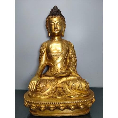 15"Chinese temple collection Old Bronze Gilt Lacquer Shakyamuni In a robe Sitting Buddha Enshrine the Buddha Ornaments