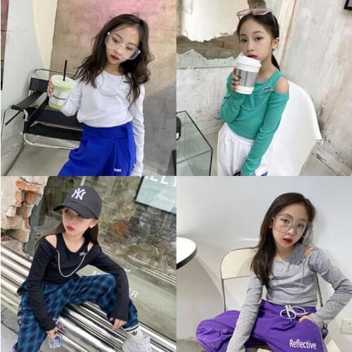 2021 hot sale girls t-shirt off shoulder full sleeve autumn cotton fashion girls top 5-11t B756