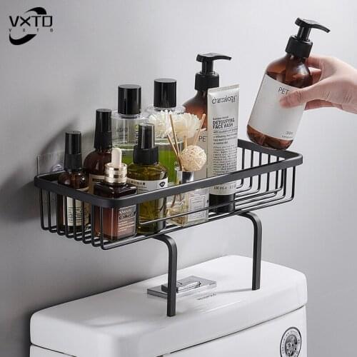 No Drill Wall Mounted Bathroom Shelf Black Aluminum Square Shampoo Shelf Cosmetic Shelves Toilet Shelf Organizer Rack