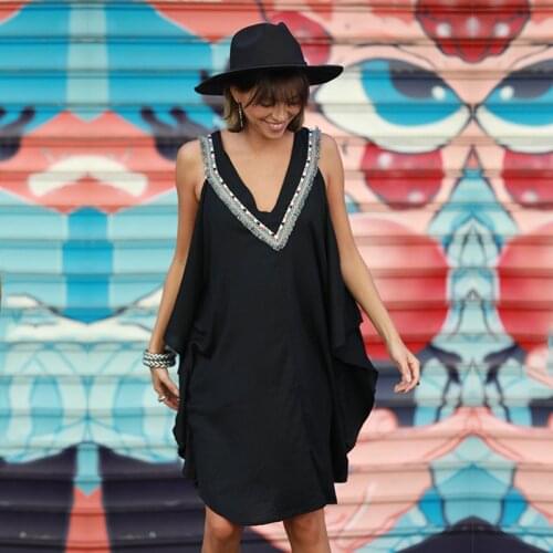 Slimming Black Tunic Bikini Cover-ups Sexy V-neck Off Shoulder Women Plus Sie Summer Mini Dress Beach Wear Swim Suit Cover Up D6