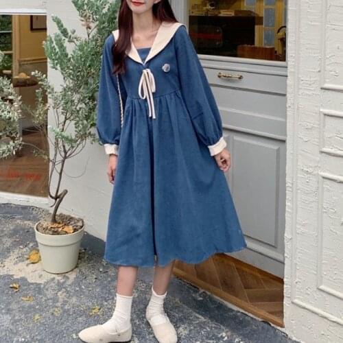 HOUZHOU Blue Dress Women Kawwii Preppy Style Navy Sailor Collar Long Sleeve Dresses Elegant Spring Autumn Patchwork Mori Girl