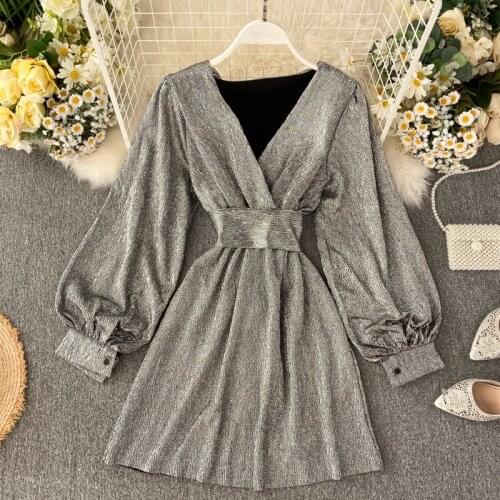 Spring Autumn Women Dress V-neck Lantern Sleeve Gold Bright Silk Lace Retro Dress Female Sexy Party Dress Vestido Feminino