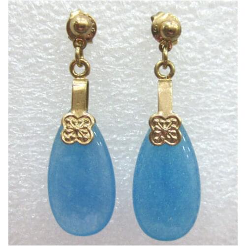 Fine ladys 18KGP blue teardrop natural jade bead earrings