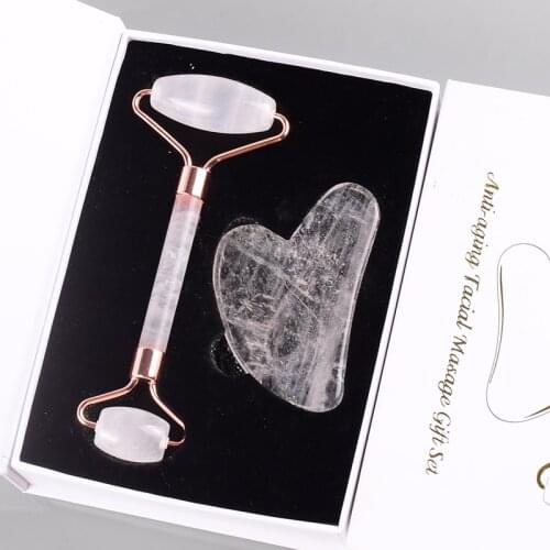 Natural Rock Quartz Roller Face Massage Gua Sha Tool Set Facial Neck Health Care Crystal Stone Beauty Body Massager Skin Detor