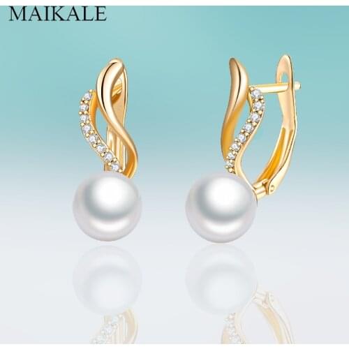 Classic Gold/Silver Color Delicate Micro Inlay Cubic Zirconia Earrings Round Big Pearl Stud Earrings for Women Jewelry Gifts