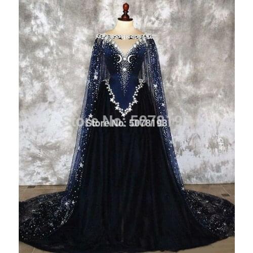 2019 V-neck off-the-shoulder sleeveless A-line floor-length tulle coming-of-age ceremony dress stars&beading&Cloak free shipping