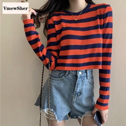 VmewSher Striped O-neck Pullover Knitted Women Sweater Autumn New Short High Waist Sexy Casual Retro Jumper Top Fashion Knitwear