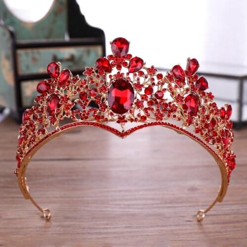 Fashion Red Crystal Women Hair Jewelry Gold Bridal Tiaras And Crowns Queen Princess Diadem Wedding Crown Hair Ornaments Gifts