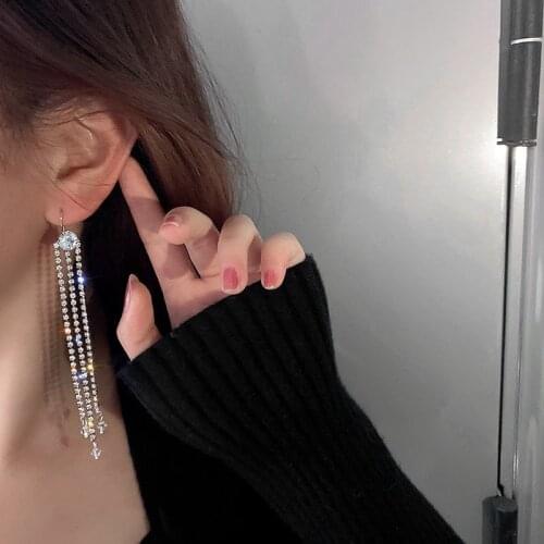 Sexy Charms Fashion Crystals Cold Wind Design Sense Long Fringed Cubic Zircom Crystal Earrings for Women Dangle Ear Hook 2021