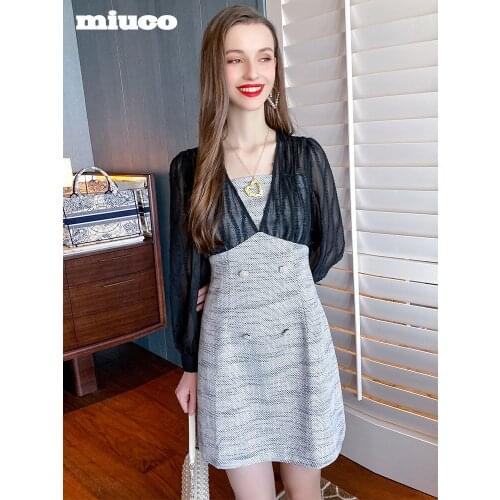 Bra stitching V Collar stripe lace mesh tweed waist dress womens wear 2021 High Quality Top Quality