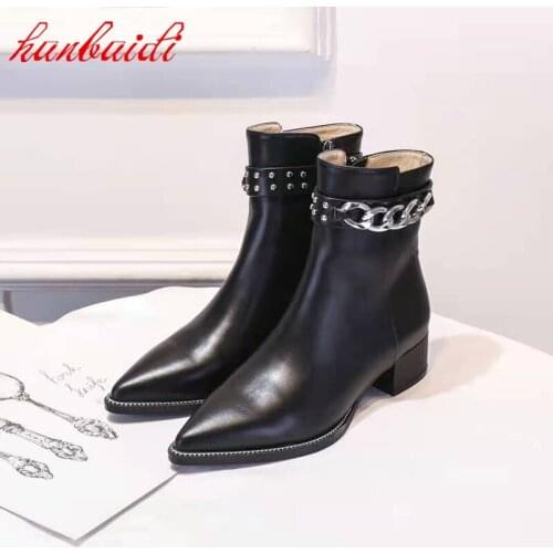 Winter Ladies Boots Point Toe Fashion Boots Metal Bordered Short Boots Genuine Leather Shoes Zipper British Style Shoes