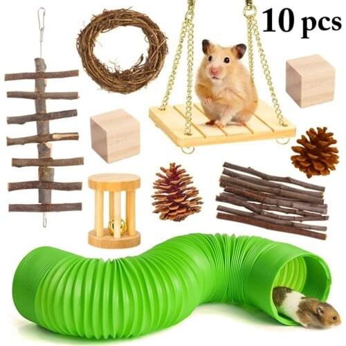 10 Pcs Interactive Pet Hamster Toy Sets Natural Wooden Hamster Gerbil Chew Bite Resistant Cleaning Teeth Toy Small Animals Toys
