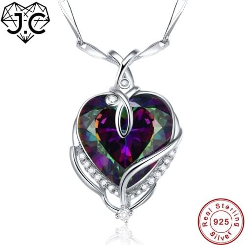 J.C for Women Excellent Heart Shaped Necklace Brilliant Rainbow & White Topaz Solid 925 Sterling Silver Pendant Fine Jewelry