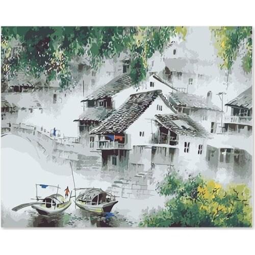 Digital oil painting DIY decoration drawing room bedroom sofa background hangs the Chinese ancient town Jiangnan Water Township
