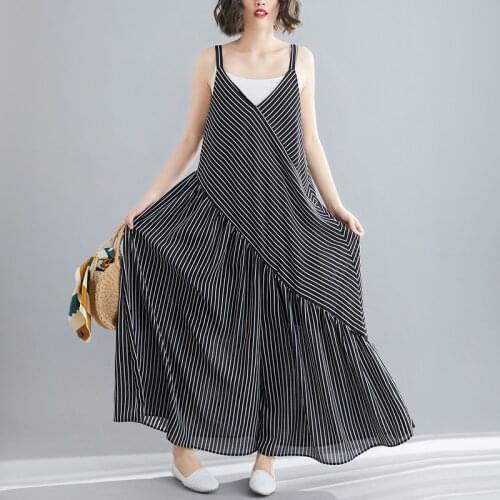 Johnature Jumpsuits Loose Striped Casual Ankle-length Pants Korea Style Sling Wide Leg Pants 2021 New Summer Clothes Jumpsuit
