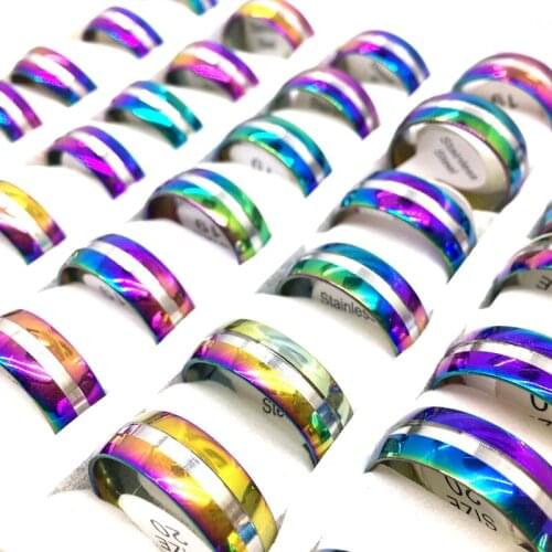 MixMax 36PCs Men Women Rings Multicolor Plated 8MM Stainless Steel Band Ring Fashion Jewelry Wholesale Lot
