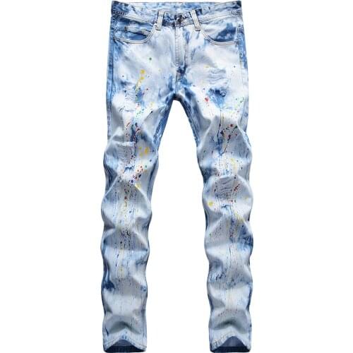 Mens Painted Light Blue Ripped Jeans Tie and Dye Snow Washed Slim Straight Denim Pants