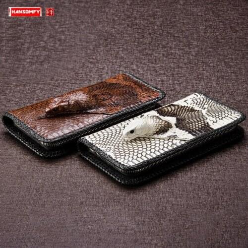 Real Snake Skin Leather Mens Wallet Long Hand Bag Men Leather Woven Clutch Bag Male Real Cobra Head Wallets Tide New Zipper