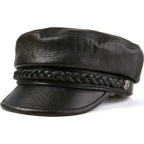 QPALCR New Hats For Women Sheepskin Leather Military Cap Fashion Casual Newsboy Cap Quality Autumn Winter Flat Top Women Hat