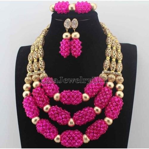 Luxury Fuschia Pink Nigerian Beads Fashion Jewelry Set Wedding Anniversary Bride Gift Necklace Earrings Set Free Shipping HD8651