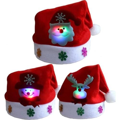 3D Cartoon Shape 2 Size Christmas LED Hat Easy to Carry Cute Decorative Flannel Santa Claus Snowman Elk Cap Gift for Home School