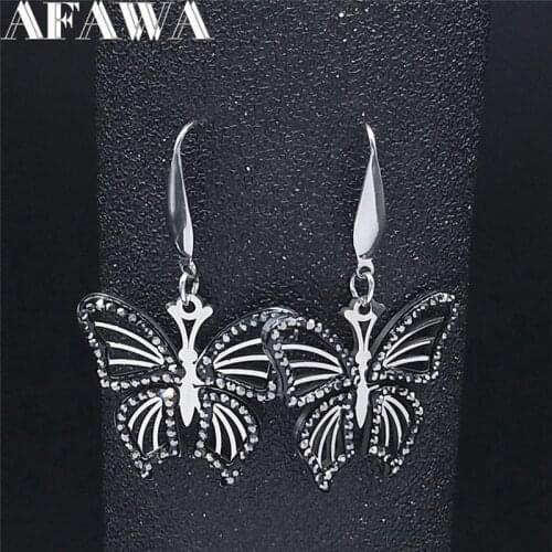 Black Crystal Stainless Steel Bautterfly Dangle Earings Women Silver Color Drop Earings Jewelry boucle doreille femme E4828S03